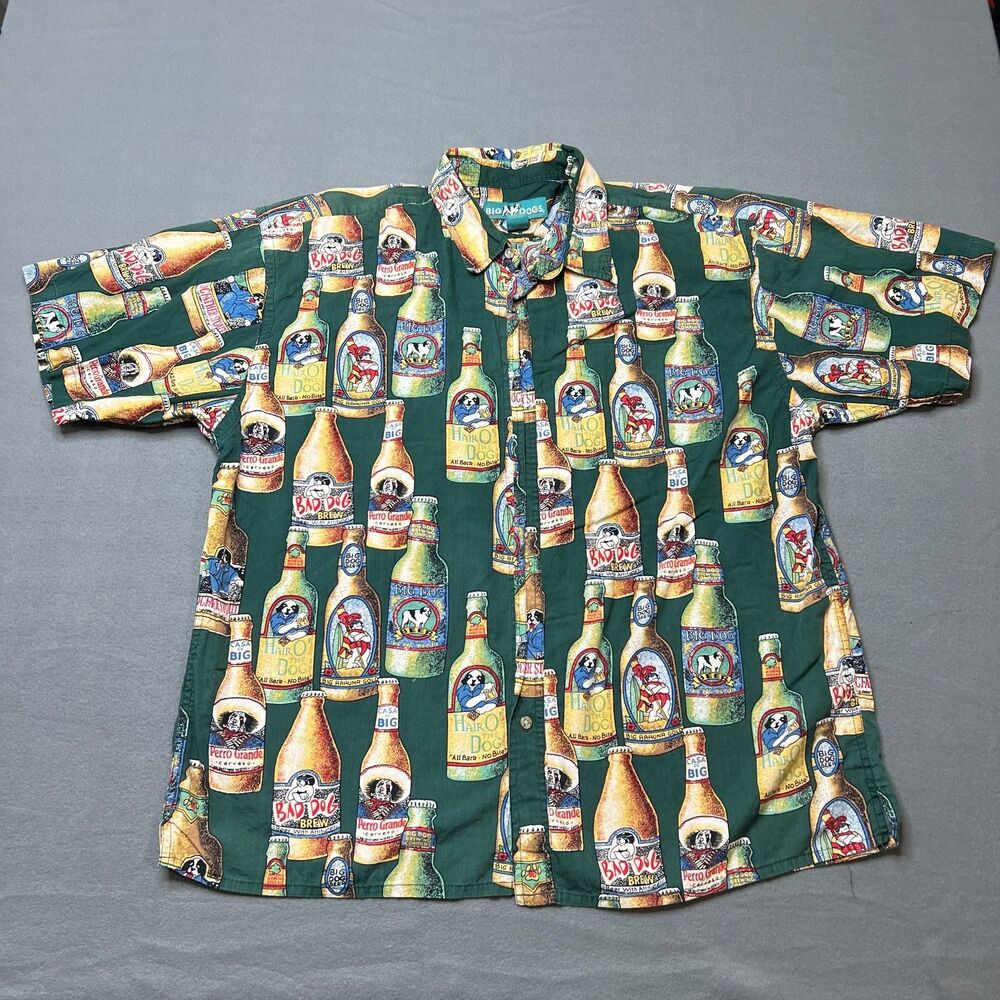 VTG Big Dogs Hawaiian Shirt Men's XL Green Beer Bottle Short Sleeve Button-Up